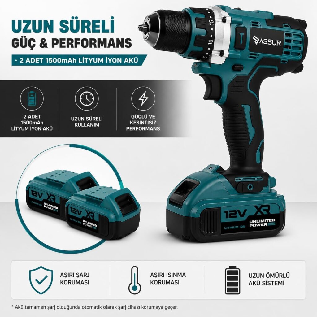 ASSUR Akülü Matkap 12V, 2 Vitesli Şarjlı Vidalama