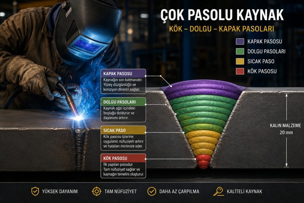 Kalın çelik levhada kök pasosu, dolgu pasoları ve kapak pasosunu gösteren çok pasolu kaynak uygulaması